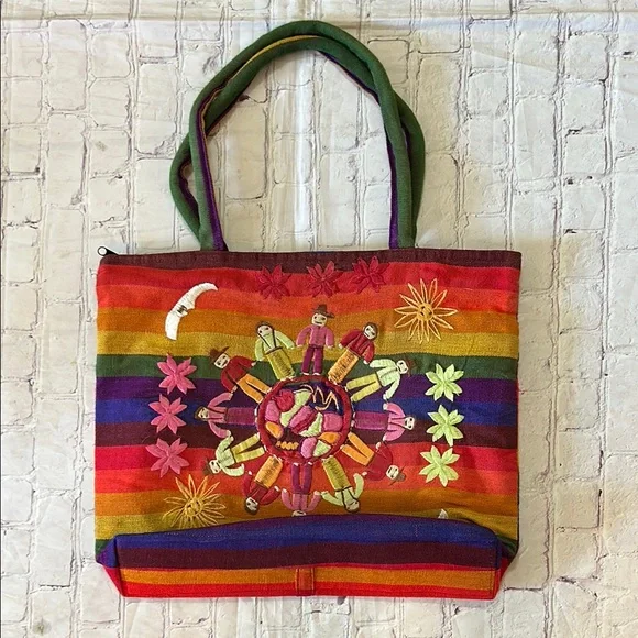 Colorful Embroidered Large Rainbow People Zipper Tote Bag Unbranded NEW - Picture 1 of 7
